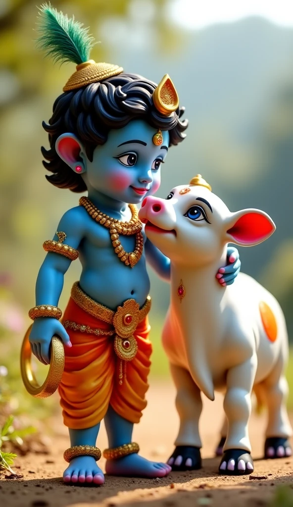 Creat a baby Krishna he drinking milk by a White cow and background is house and green grass