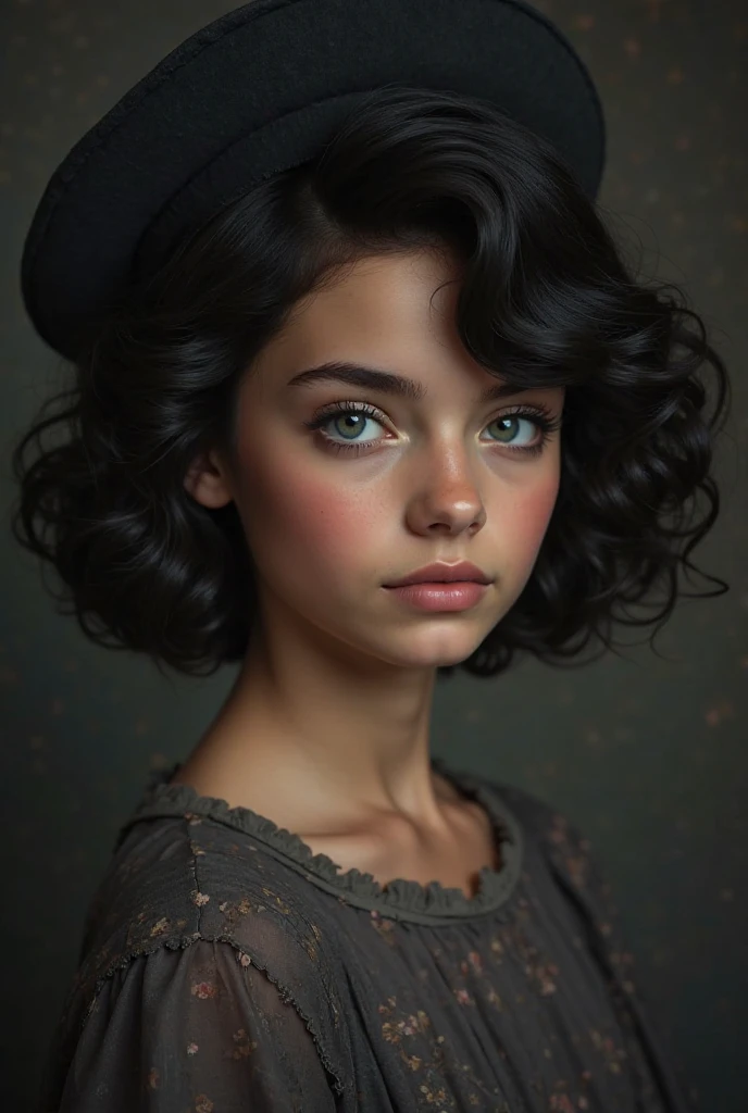 The bust of a sixteen-year-old girl, picture up to the shoulder (portrait). She has short black hair - it is thick and fits into voluminous curls. has a short haircut, cascading, is very beautiful. She looks from under her brow - her face is slightly tilted down, but the girl looks forward. The look is very confident and even cruel. Fox look - the ends of her eyes are raised up. Eye color is dark blue. bright lips ,  without a smile . Девушка is very beautiful. The face is refined, FACIAL FEATURES ARE VERY NEAT AND FEMININE!! There is a dark cap on my head, the front strands fall out of the hairstyle. The whole picture is in very dark colors.