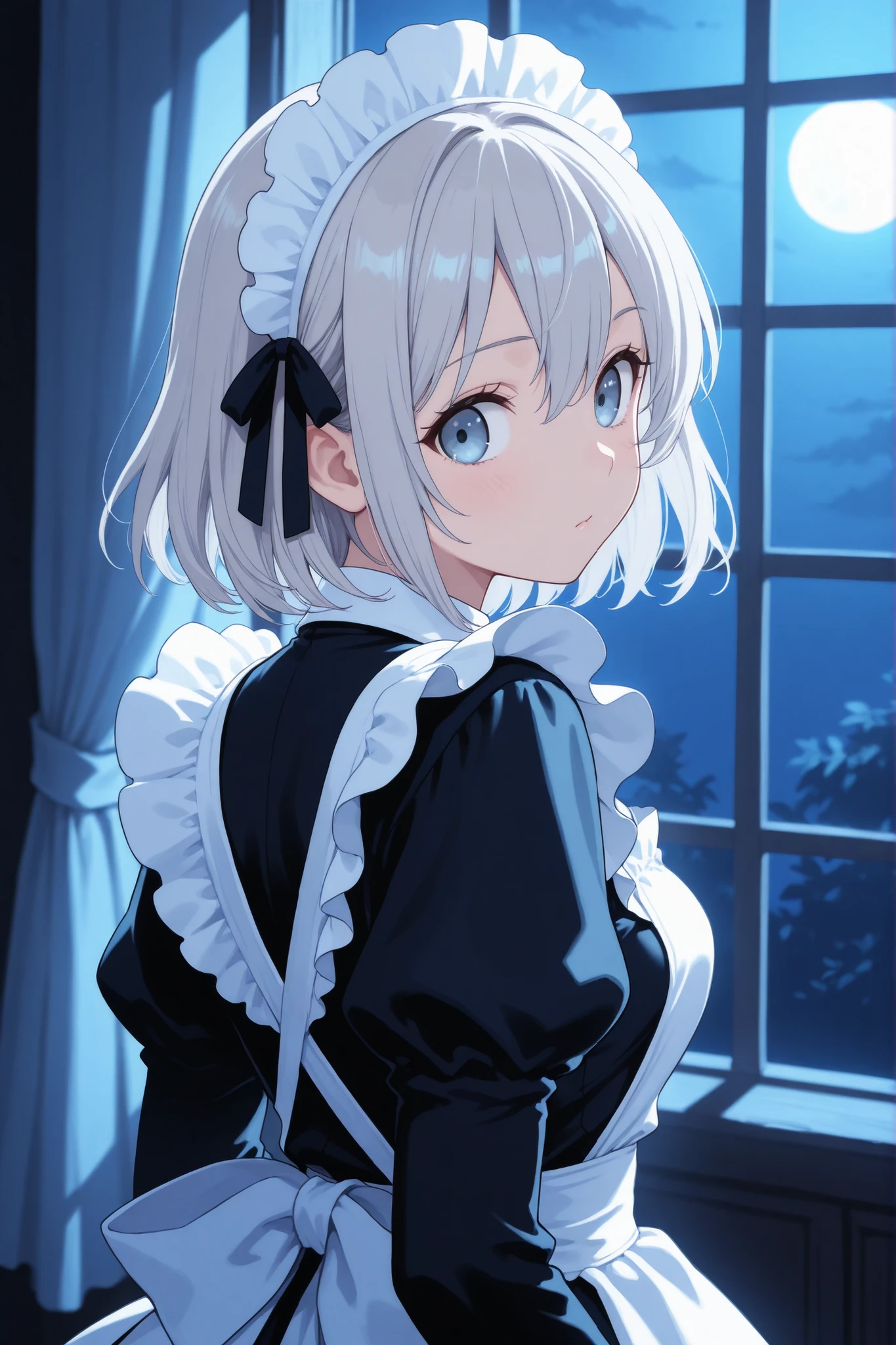 girl , classic maid costume, silver hair, bule eyes, nigth garden, looking back, moonlight,