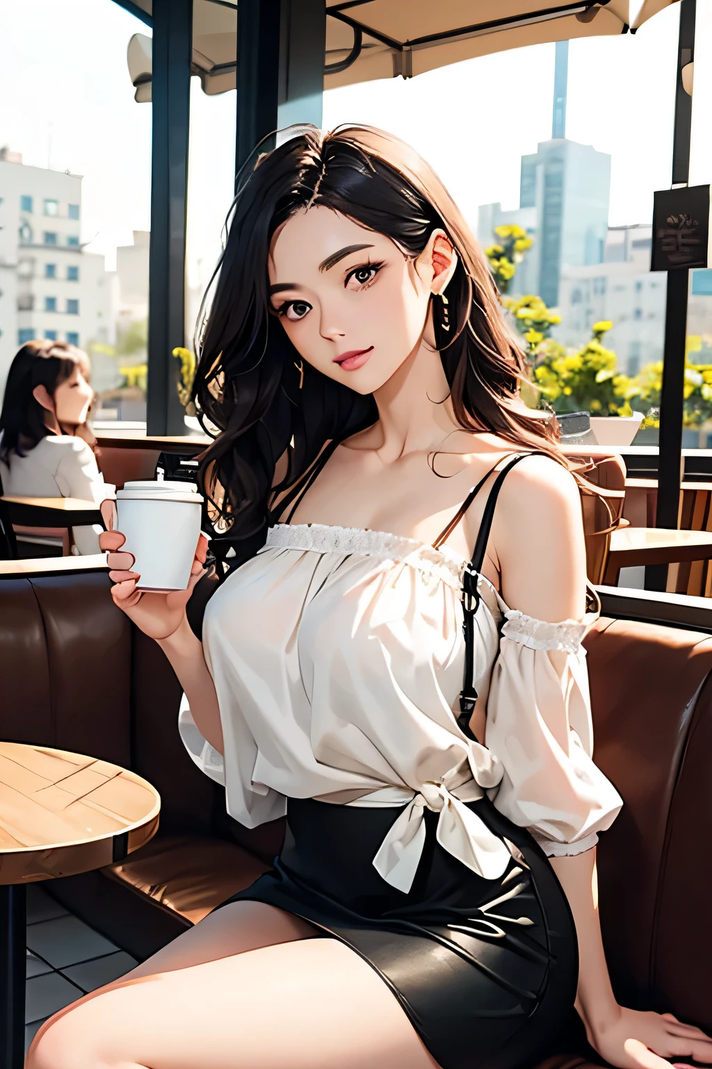 a bar counter、Beautuful Women、Perched、seduces、hiquality、pureerosface_v1:0.8