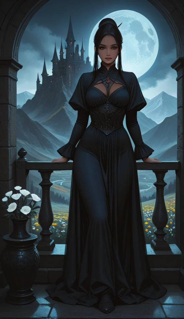 (masterpiece),(best quality), illustration, (fantasy:1.4), black witch, macabro, pesado, depressivo, detailed digital art, beautiful mestice face, dark black hair, hair up, castle distante in backgraoundo, mountain, dark color long dress, a moon, flowers , paper_cut, full body, ????? medios, thicc coxas, curvy, olhos oblíquos, ((((a darkmage, witch solitare, long hair, caminhando de forma pesada))), cenário obscuro, representação sinistra, medo, realismo, realista, cenário rico em detalhes, cores realistas, neblina pesada