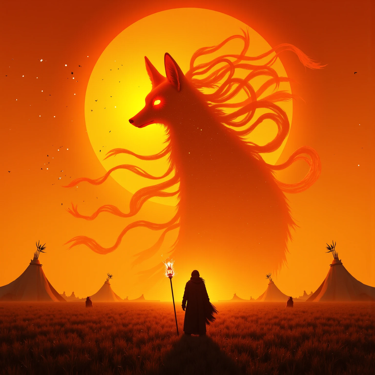 A mystical and awe-inspiring fantasy scene set beneath a blazing amber sky, where twin suns cast golden and crimson hues across a vast, windswept grassland. The atmosphere is filled with the shimmering haze of dusk, and the horizon glows with intense radiance as if the world itself is lit from within. In the foreground, a lone robed figure stands in tall, swaying grass, holding a glowing staff that pulses with arcane energy. Their silhouette is dark against the fiery backdrop, yet they radiate purpose and quiet reverence, as though witnessing something ancient and divine.

Towering before the figure is an enormous, ethereal beast—a fox-like creature with nine long, flowing tails that swirl through the sky like trails of starlight. The creature’s form is semi-transparent and composed of celestial energy, glowing softly with hues of bronze, orange, and gold. Its eyes are like suns, filled with ancient wisdom, and its presence exudes both power and serenity. It appears partially embedded in the atmosphere, like a divine spirit manifesting between realms.

Around the great creature and the robed figure, leaves and particles float gently in the warm air, carried by the twilight breeze. On the plains, large tents or sacred structures made of cloth and bone are nestled quietly, hinting at a nomadic civilization in harmony with the supernatural. Flocks of birds soar in the distance, moving across the sky in graceful patterns, adding depth and scale to the majestic vista.

The sky is alive with otherworldly celestial bodies—multiple moons and planets faintly visible through the haze, giving the entire scene a dreamlike, cosmic quality. Shadows stretch long across the land, creating striking contrasts and emphasizing the vastness of the world. The lighting is dramatic, combining glowing highlights and deep silhouettes to create a scene charged with emotion and mythic energy.

The art style is painterly and cinematic, with sweeping brushstrokes and glowing textures that enhanc
