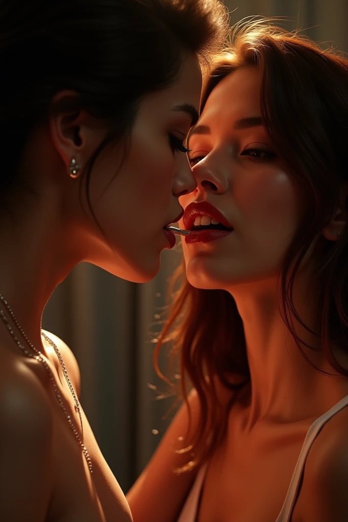 Emma Watson and Sarah Hyland (((naked))) on a leather couch in a cigar lounge, ((erotic touch)), touching each other, ((choker)), (face blushing), shy, (eyes closed), lesbian kiss, (((lesbian sex))), (oral sex), dominant and submissive, (long hair), (((kissing leg)))
