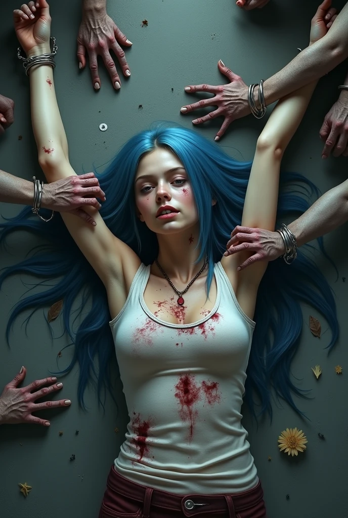 An extremely thin dead woman, an iron rod pierces your body, A very thin woman impaled, A woman who died with an iron bar penetrating her abdomen, the woman is hanging from a noose, Billie Eilis With a huge gash on her stomach and her intestines coming out of the wound, lots of blood coming out of the wound, Blood flying all over the woman, Billie Eilish, The woman is naked, the woman is hanging by a chain, with blood on the floor, a knife is sticking out of the woman&#39;s vagina, carnal ) humida, corpo humida, skin wet, muito humida, oleado, deep wound on woman&#39;s belly, many injuries on the woman&#39;s body, large, open wound on woman, wound gushing blood on woman, open wound on woman&#39;s stomach, large wound on woman&#39;s belly, knife sticking out of woman&#39;s vagina, dripping humida, hyper realist, sexy girl, sweaty humida skin, female goddess, the woman&#39;s vagina is open, her vagina has a knife inserted, the woman&#39;s body is covered in blood, the woman is in an elevator shaft, lots of blood all over the wall, blood flying off the walls, blood flying from the woman&#39;s wounds, the woman&#39;s mouth is open, 4K], 4K ]