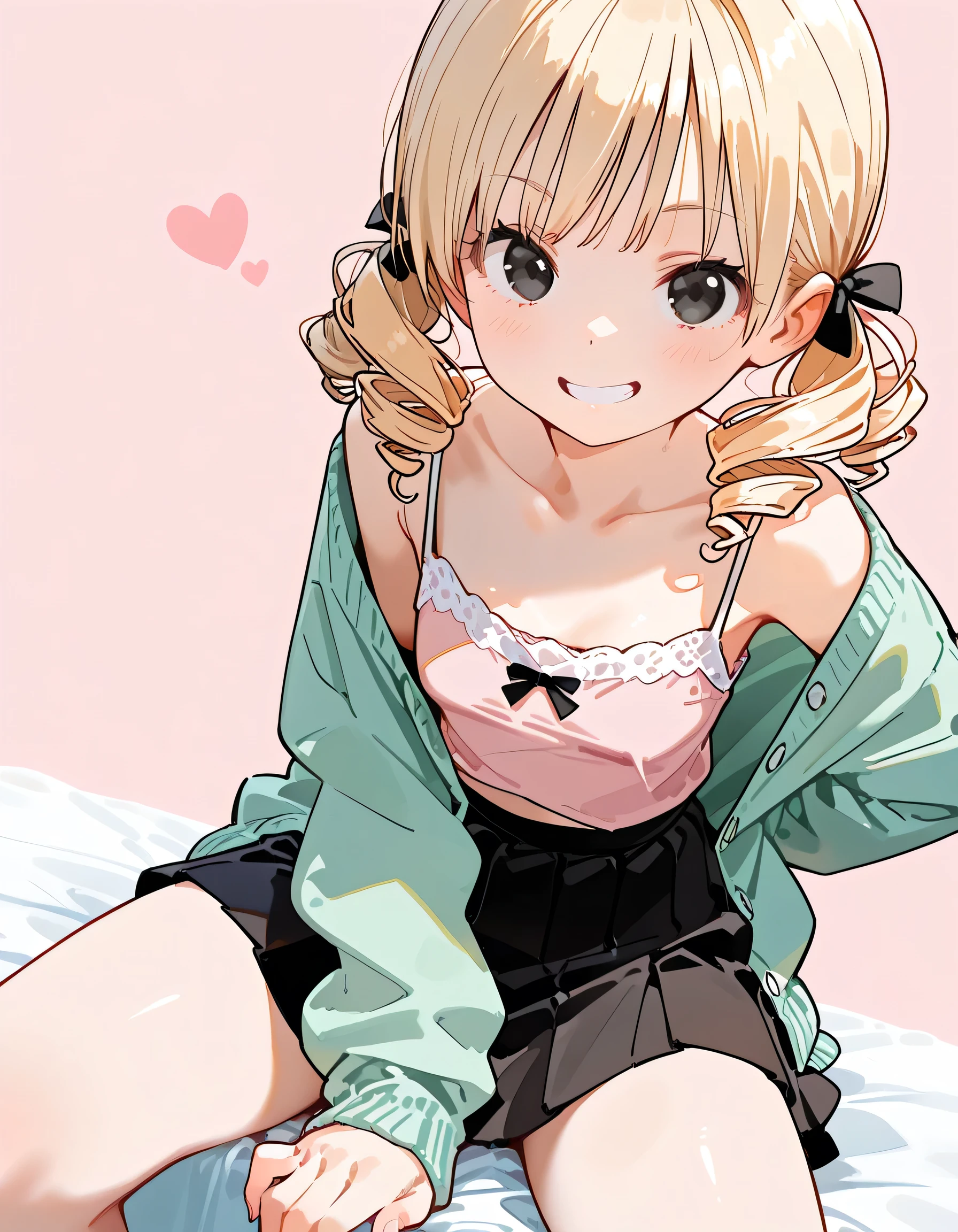 masterpiece, best quality, 1 girl, detailed beautiful face, (floral pattern lingerie), (flat chest), (small breast), smiling, blonde hair, shorthair, French braid, twintail, ((holding panties)), (pantie ayatori), bottomless, pussy, (pink theme)