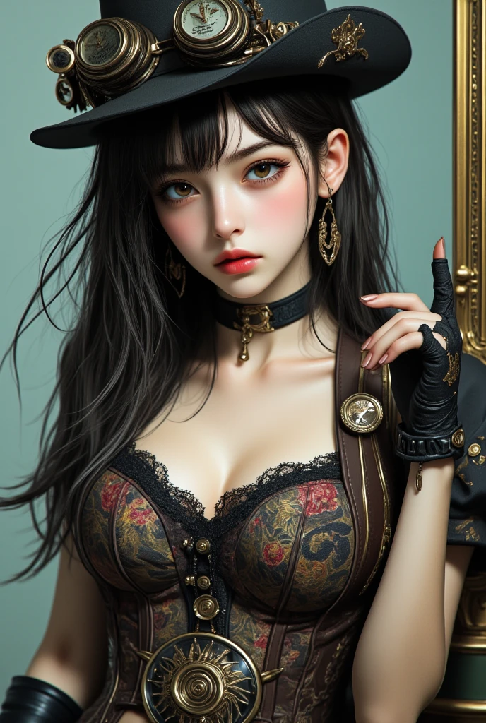 (((Steampunk))),Very realistic 8k cg, picture-perfect face, flawless, clean, Masterpiece, Professional artwork, famous artwork, perfect face, Beautiful face, beautiful eyes, ((perfect woman&#39;s body)),big breasts, alone,, ,skirt,,Blush,seductive expression,very detailed_eyes,thick thighs,((white hair)), short hair,, Beautifully detailed background,depth of field,,BDSM,scalping,full body,shirt,, tights,