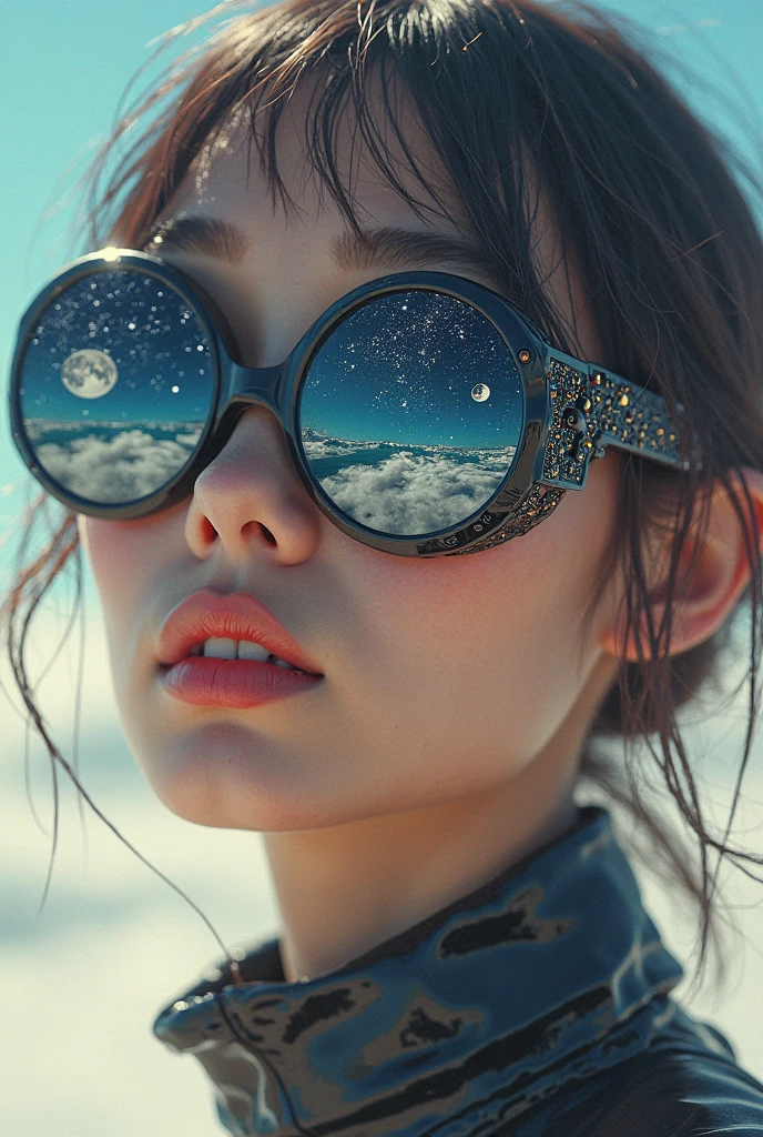 The model is wearing glass sunglasses with stars and the moon on the glass