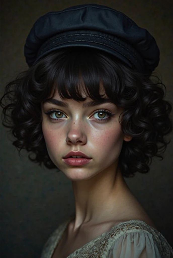 The of a sixteen-year-old girl, picture up to the shoulder (portrait). She has short black hair - it's thick and fits into voluminous curls. has a short haircut, cascading, is very beautiful. She looks from under her brow - her face is slightly tilted down, but the girl looks forward. The look is very confident and even cruel. Fox look - the ends of her eyes are raised up. Eye color is dark blue!! bright lips , without a smile . Девушка is very beautiful. The face is refined, FACIAL FEATURES ARE VERY NEAT AND FEMININE!! There's a dark cap on my head, the front strands fall out of the hairstyle. The whole picture is in very dark colors.
