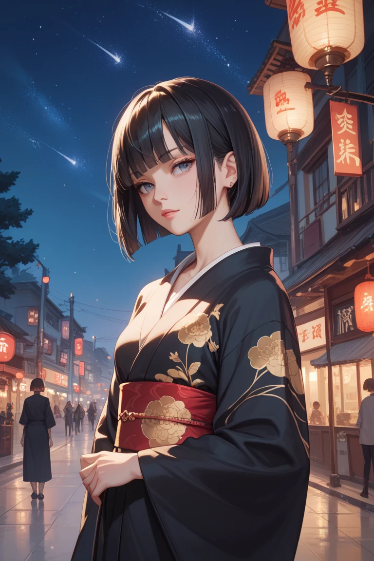 masterpiece, top quality, Super Detail. 1 girl,  bob cut, black hair, dull bangs, blunt ends, black kimono, amaryllis print, Night Sky