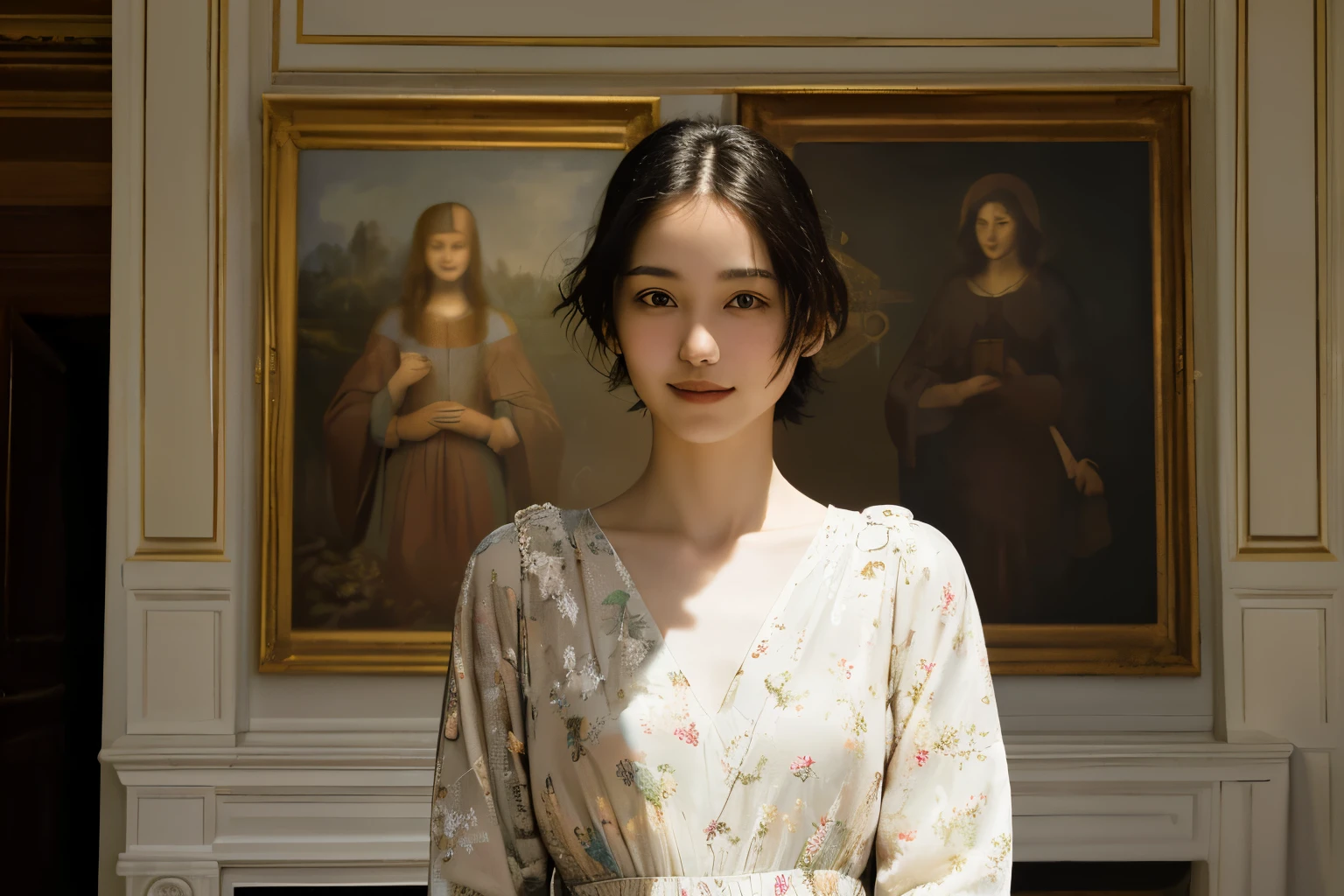 373 (20 year old women, 20 year old male ),(Shorthair),(gentle smile),(high quality photos),(Leonardo da Vinci),(floral dress),(A room with a large painting),((Contrast of Light and Dark))