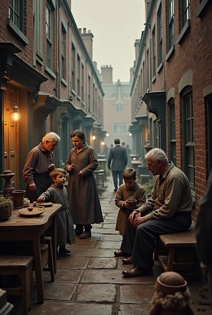 Show me how a family of 4, a couple and two girls lived in their very low-class home in the city of BIRMINGHAM in the year 1870 inside their house 