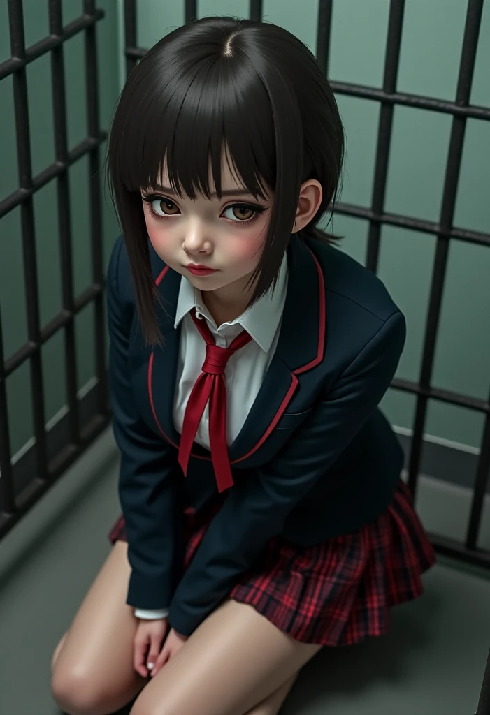 Unparalleled beauty，high school girl,uniform(blazer.School blouse,ribbon ties,Plaid Pleated Skirt)，Terrible Expressions，( Penitentiary)，( Penitentiary)，(In a cage)，( slave)，gets ，Kneeling position，position to stick out your butt，dog pose，From the above，(collar and leash), , 8k, very well detailed, table top to pinch, High Quality, 最High Quality, hard disk