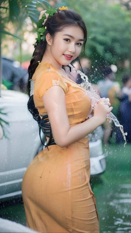 As she was wet with water, her beauty became more apparent, and her attractive body was revealed