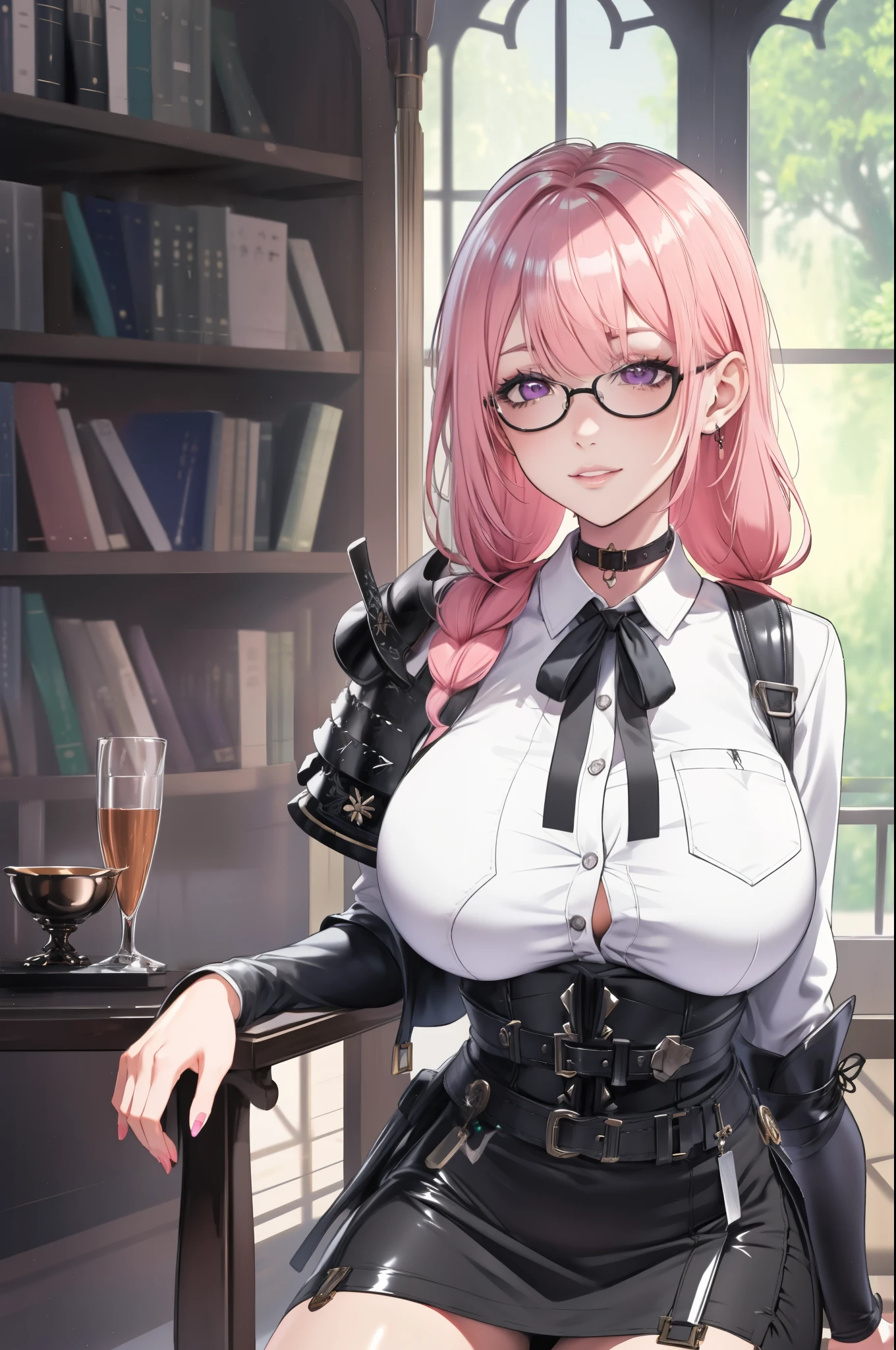 bright clothes, a girl, (Yanagi Tsukishiro ), Alone, (Sitting on a chair), (VIEW FROM THE FRONT), looking at the spectator , slender hips , long braided hair pink, beautiful eyes , detailed eyes , purple eyes shirt, huge breasts, sensual lips, slight smile, ((samurai armor shoulder pad)), harness, (glasses), choker :1.6, black gloves, ((high waist shiny black miniskirt)), ((White buttoned shirt with collar)), (black ribbon for the chest), (dark green neck strap), (Gothic style library ), Gloomy ambience,