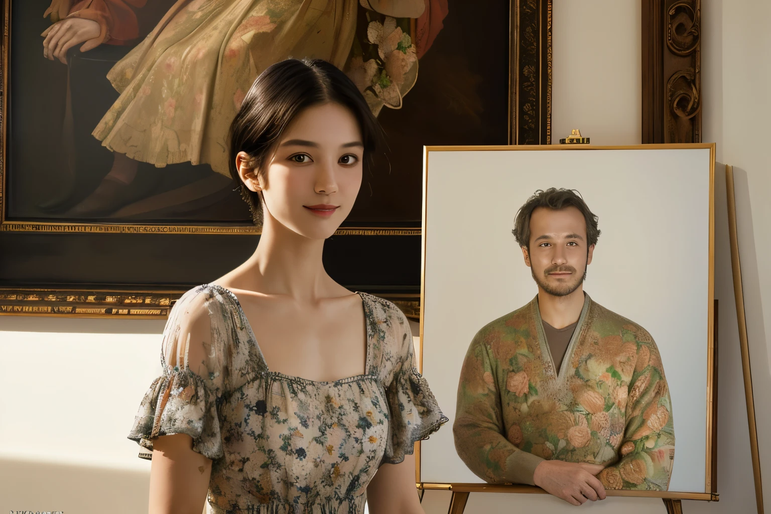 373 (20 year old women, 20 year old male ),(Shorthair),(gentle smile),(high quality photos),(Leonardo da Vinci),(floral dress),(A room with a large painting),((Contrast of Light and Dark))