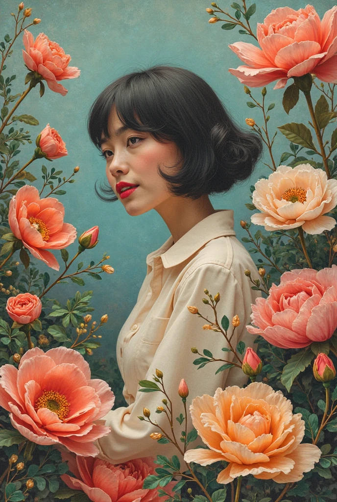  8,000, Top Quality, ((Collage Art)), News broadcast , beautiful flowers are blooming、Retro vibe、artworks、Like a painting、A beautiful piece，Delicate and moving