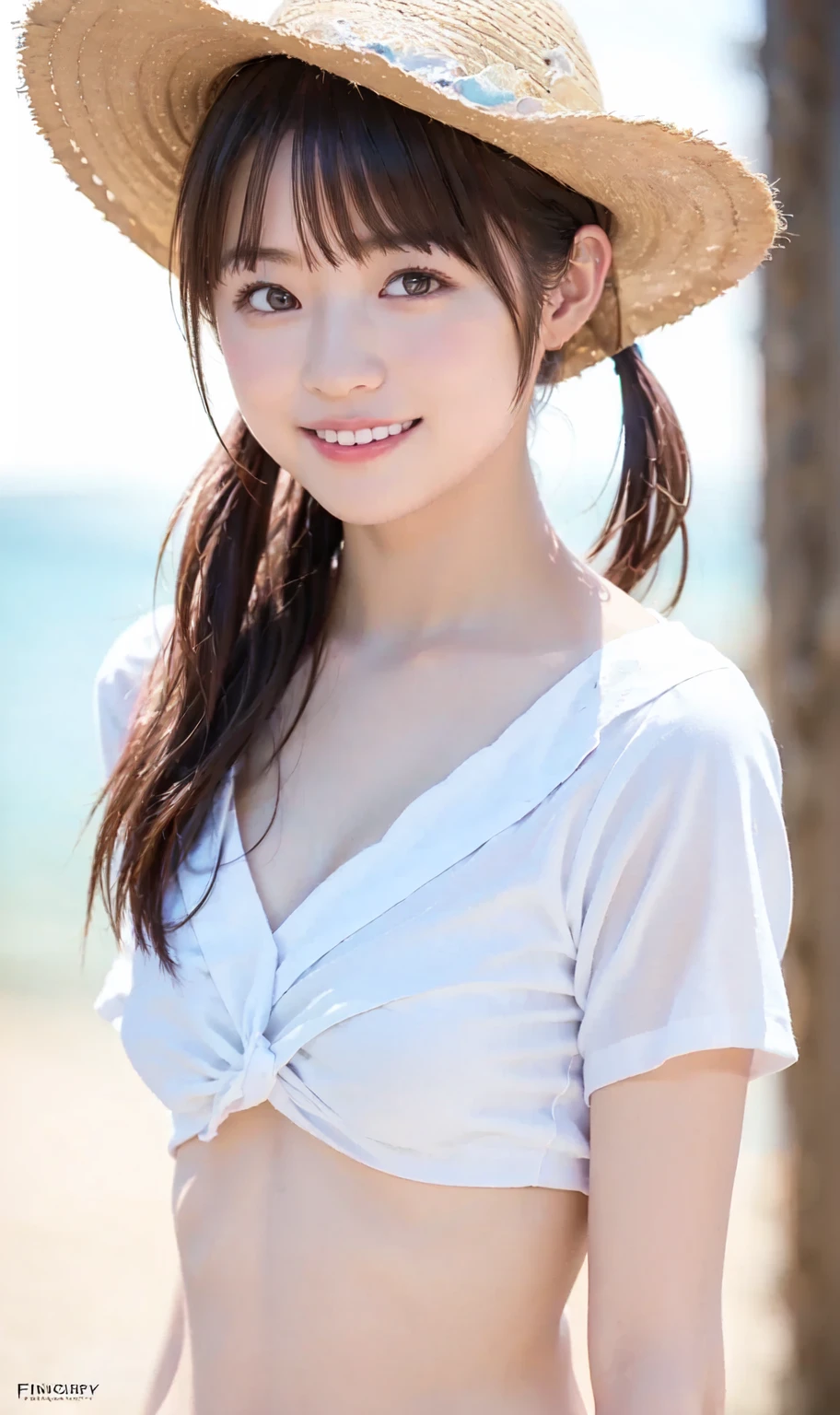 Full Body Shot、Tropical sandy beach、(8k RAW photos, Highest quality, masterpiece, 8k-UHD), (Realistic, Ultra-high resolution, Depth of written boundary, Cinema Lighting, Film Grain, Very cute 16 year old girl, ,Long eyelashes, Sagging under the eyes, Cute face, Highly detailed eyes and hair, Beautifully detailed skin, Smile, Brown Hair, Thick bangs, Shiny Hair, Ample breasts、Cute spring clothes、T-Shirts、