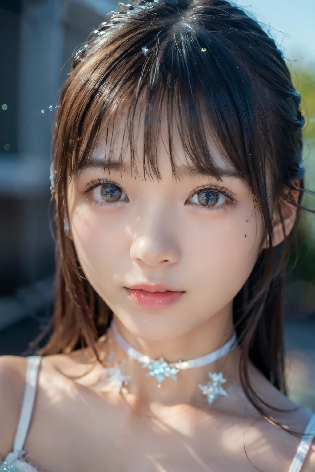 full body up , portrait, portrait, , 8k,masterpiece, top quality, 、Long face、Big Eyes、 troubled face、 slim、in trouble、、facing the front、flat body 、cute、Age 15、, 1 girl、looking at the camera、face to face、pure white hair、Glowing Skin、((( GLITTER SKIN )))、、((super realistic details))、portrait、Global Illuminations、shadow、octane rendering、、、metal、 cold color、、very intricate details、Realistic Light、CGSoation Trend Beautiful Eyes 、Eyes Shining at the Camera、drop shadow、、Sparkling Turquoise Eyes 、((Snowflakes))、、white background、Chain Choker