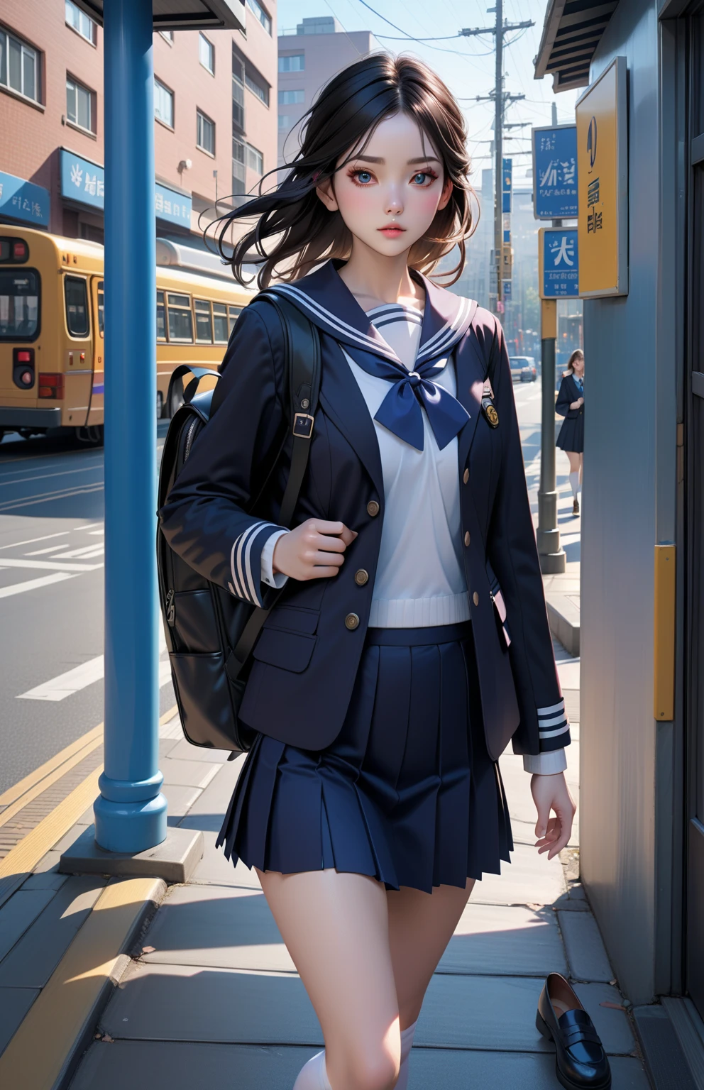 student girl, walking on sidewalk, (near bus stop), BREAK {(forehead, medium hair, layered cut, half updo, black hair, bold eyebrows)}, BREAK, ((  (black winter jacket, long sleeves, layered over), ( white undershirt beneath, sailor collar), (navy-blue bow-tie with necktie), (navy-blue pencil skirt with pleated hem, two-layered skirt), (white socks, black flatshoes), (carrying black school backpack) )), BREAK, (1girl, solo, full body), (best quality,4k,8k,highres,masterpiece:1.2),ultra-detailed,(realistic,photo-realistic:1.37),cinematic lighting,moody lighting,dramatic shadows,vibrant colors, (expressive eyes, perfect face, perfect ), BREAK, ((  (black winter jacket, long sleeves, layered over), ( white undershirt beneath, sailor collar), (navy-blue bow-tie with necktie), (navy-blue pencil skirt with pleated hem, two-layered skirt), (white socks, black flatshoes), (carrying black school backpack) ))