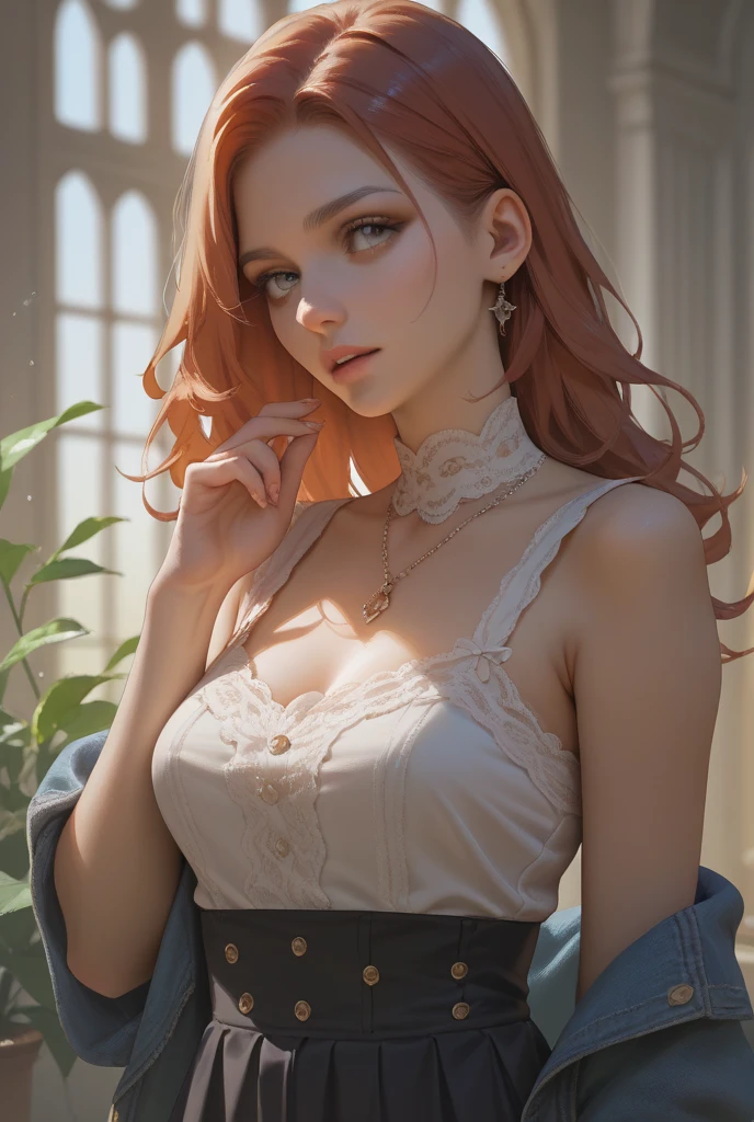 ((((masterpiece, best quality, high resolution)))), Extremely detailed 8K, Beautiful girl with voluptuous body, (Ultra HD, Ultra-detailed, Highly detailed, Highly realistic, Ultra-realistic, photograph realistic), (1girl:1.5), (Realistic red hair), (long wavy hair, hair ornaments, earrings), (dynamic poses), facing at camera, looking at viewer, (blushing red, embarrassed, smile), (hazel eyes, sharp eyes), (big perky breasts:1.2), (beautiful detailed face, beautiful detailed eyes), ((silk dress)), (sitting on couch), sweat, glow, (sunbeam, sunlight), ((cowboy shot)), bedroom, seductive