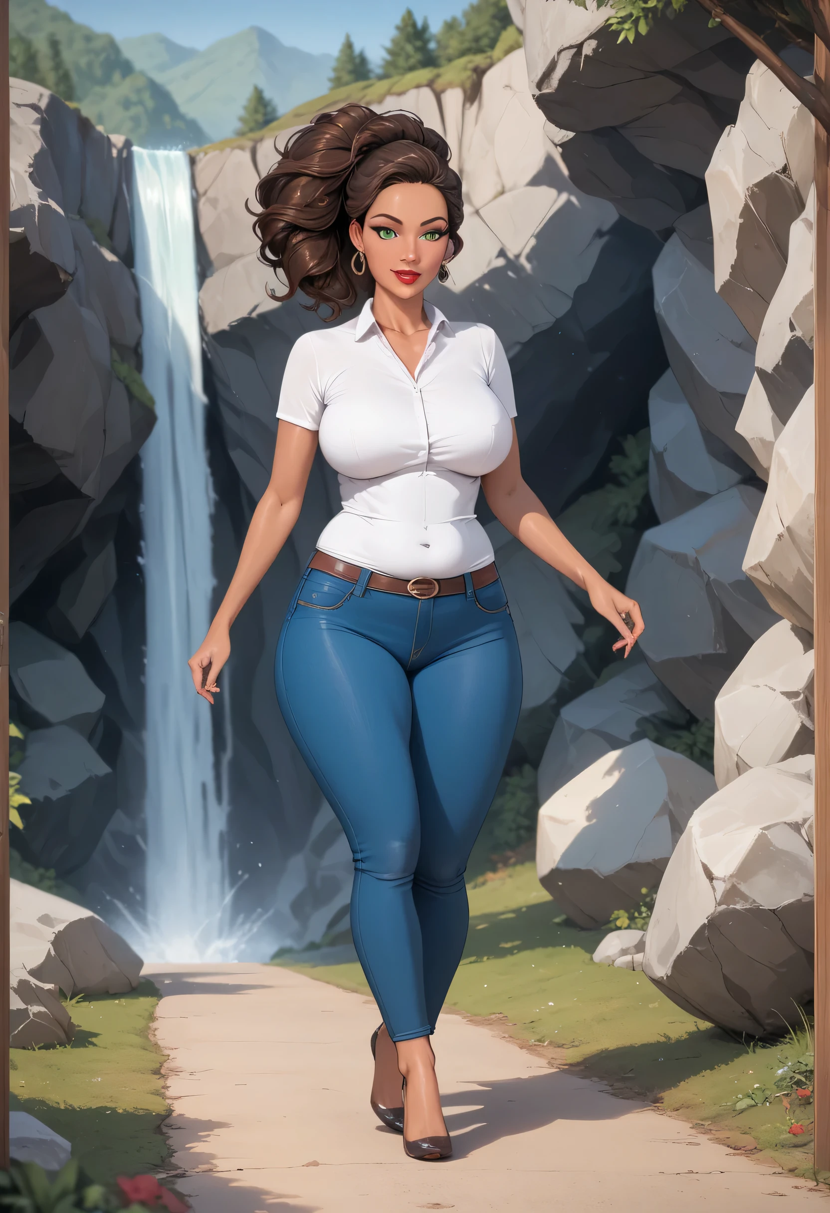 (masterpiece, best quality:1.4), brown hair, green eyes, curvy, female, dark-skinned female, tan, 1girl, solo, mature female, breasts, white shirt, blue jeans, teacher, collared shirt, curvy, red lipstick, outdoors, rocks, gravel road, waterfall, walking, close-up