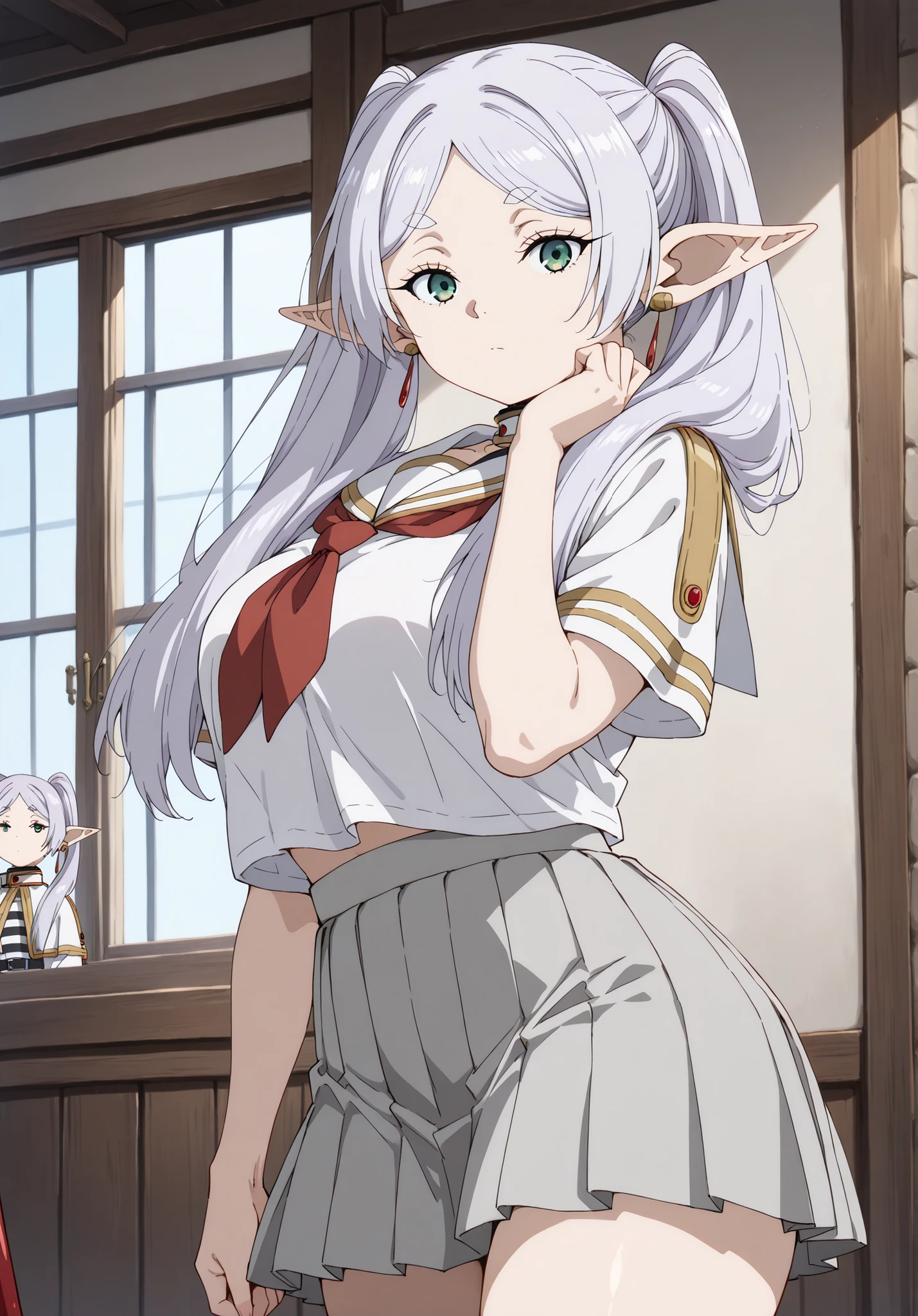 score_9, score_8_up, score_7_up, source_anime, 4K,perfect fingers,(perfect hands, perfect anatomy),prefect lighting, very aesthetic, intricate details,highly detailed background, masterpiece, high quality, best quality,
((1 female, Frieren, 21 years old)), (pointy ears, elf,), ((long hair, twintails)), ((Gray Hair with twintails, )), thin eyes open, green eyes, cute, female, woman, feminine, large breasts, mature female,
wearing ((grey skirt, neckerchief, pleated skirt, red neckerchief, school uniform, serafuku, shirt, short sleeves, skirt, white shirt, uranohoshi school uniform, )),,
looking at viewer,