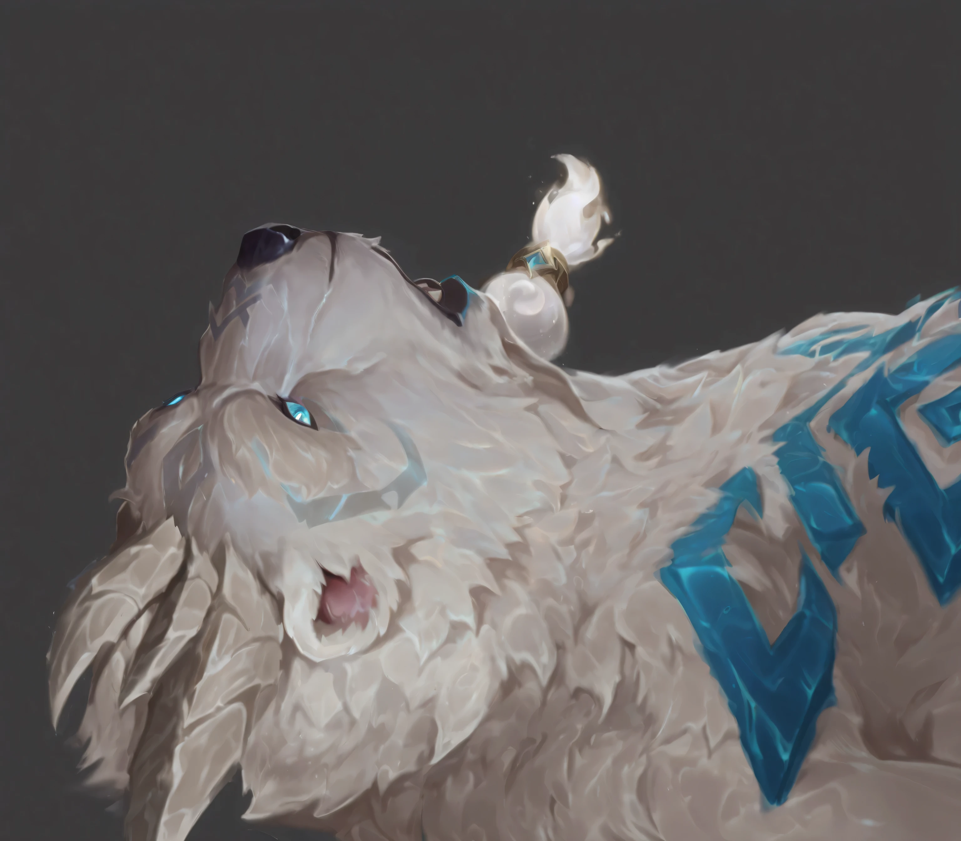 A white polar bear champion in League of Legends hand-drawn style lying on its back, (Freljord warrior in supine position:1.3), (stylized white bear with segmented fur design:1.2), featuring striking glowing turquoise eyes, (small ivory horn ornament on head:1.1), distinctive elongated white beard-like fur around muzzle, cream colored fur with layered textures, prominent blue geometric Freljord runes and patterns on shoulder and torso, (League of Legends splash art style:1.4), (Riot Games official concept art:1.3), dramatic angle looking down at the reclined bear against dark gray background, (lying flat on back with head slightly turned:1.2), detailed stylized fur with visible brush strokes, (hand-painted digital illustration:1.2), ice shaman aesthetic, clean sharp lines with painterly details, high contrast, vibrant blue magical tribal markings, Volibear-inspired design, (foreshortened perspective from above:1.1)