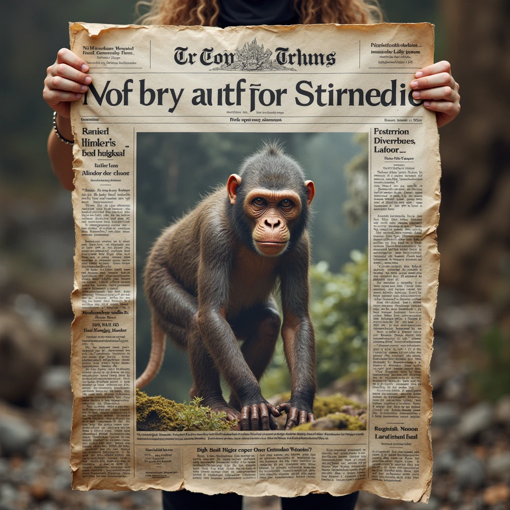 the front-page story of newspaper,There is a photo of hominid in the newspaper.realistic