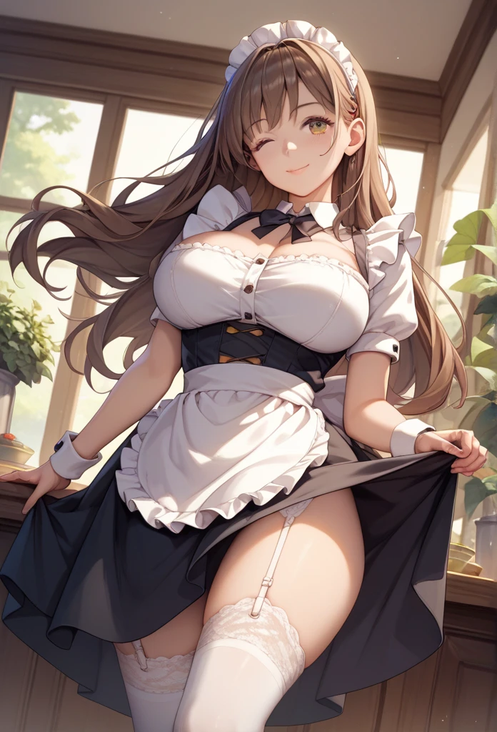 creates a 24-year-old anime girl dressed as a maid with wide hips and big breasts and brown hair and red eyes in a cafeteria landscape