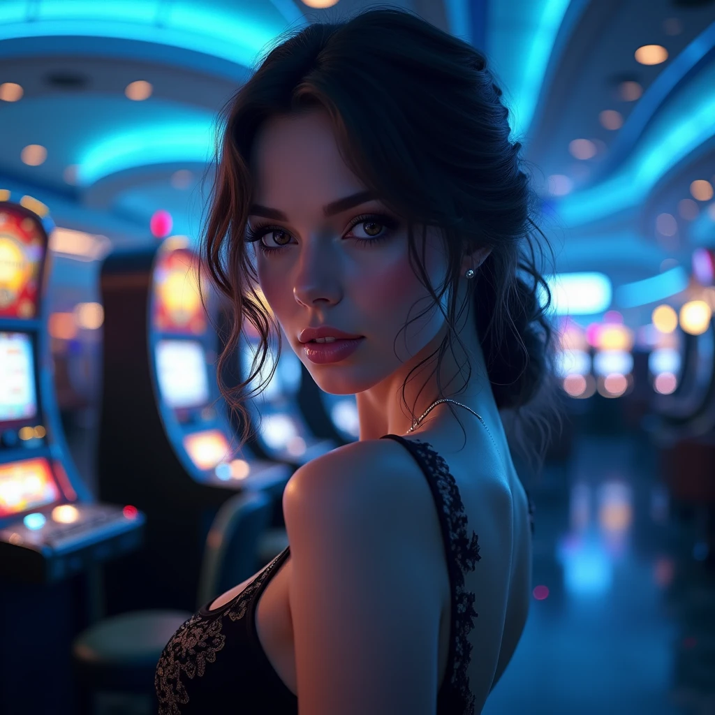 (Best quality, 4K, 8 k, A high resolution, masterpiece:1.2), absurdity, masterpiece, ultra detailed, (realistic, photorealistic, photorealistic:1.37), complex parts, HDR, (complex parts:1.12), (hyper detailed, hyper realistic, Soft lighting, spicy:1.2), beautiful figure, Magnificent Anatomy, (complex part, Hyper detailed:1.15), casino, a female cyborg playing poker surrounded by other players.