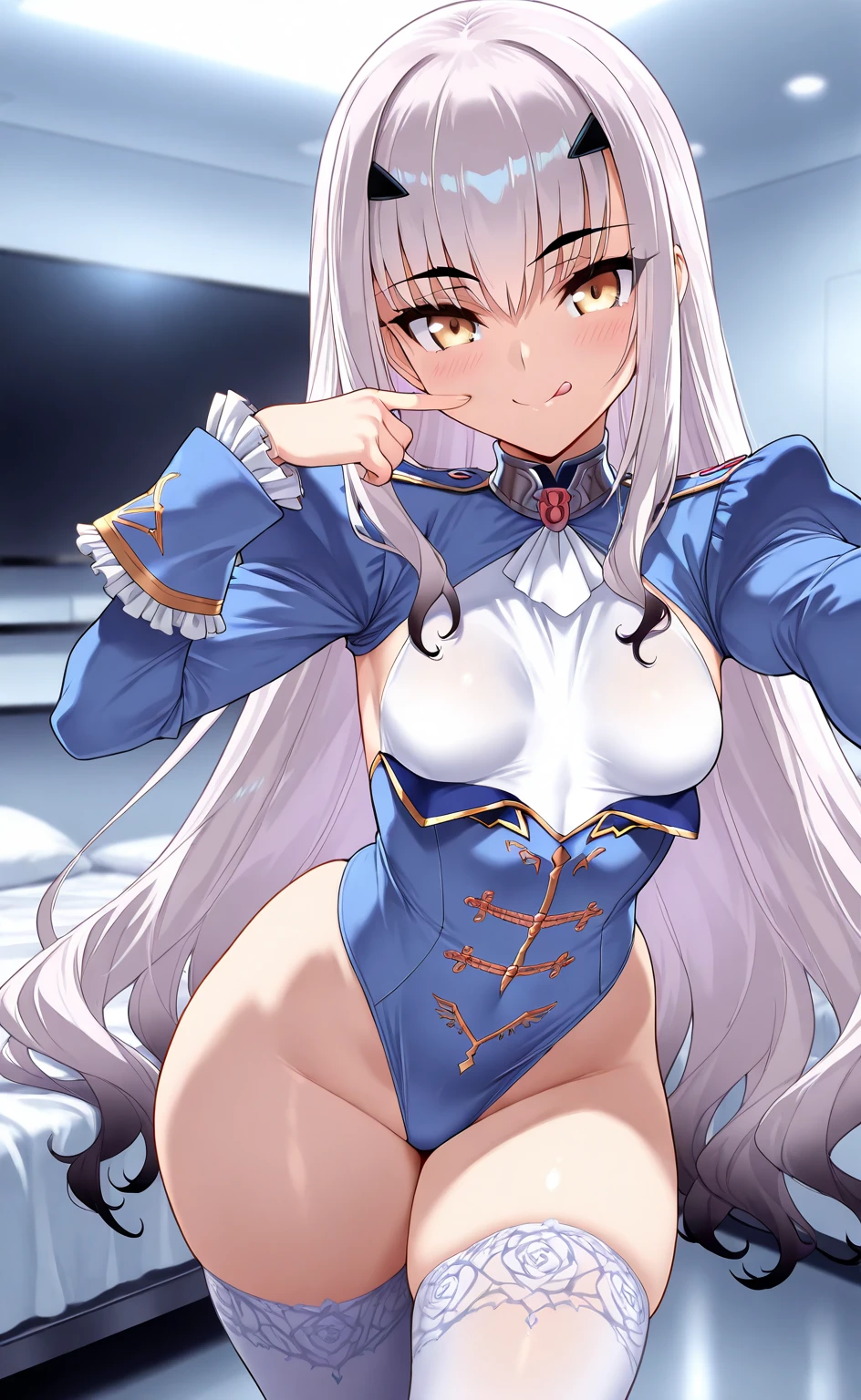 1 girl, Solo, Ayanami from Azur Lane,dynamicposes, Student clothing,校服,tightsuit, (Masterpiece), (Best quality), Detailed eyes, Beautiful hands, straight hands, Shiny hair, Light blonde hair, Long hair, Straight hair, reddish orange eyes. full bodyesbian, Sweaty, Small breasts, standing, Blue sky, (((Sexy outfits))), standing, (Highly detailed detail),surrealism, shadowing, anaglyph, stereograms, tachi-e, angle of view, Atmospheric perspective, Close-up, 8K, Super detail, ccurate, Golden section,profesional lighting,cinematic compositions,Complete persona,Panorama mode。