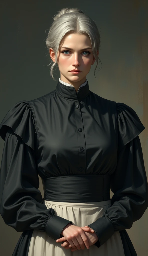 Augusta Schade has 45-year-old, grey-blond hair tied in a bun, light blue eyes, pele clara, and wears modest maid clothes with a stern expression.