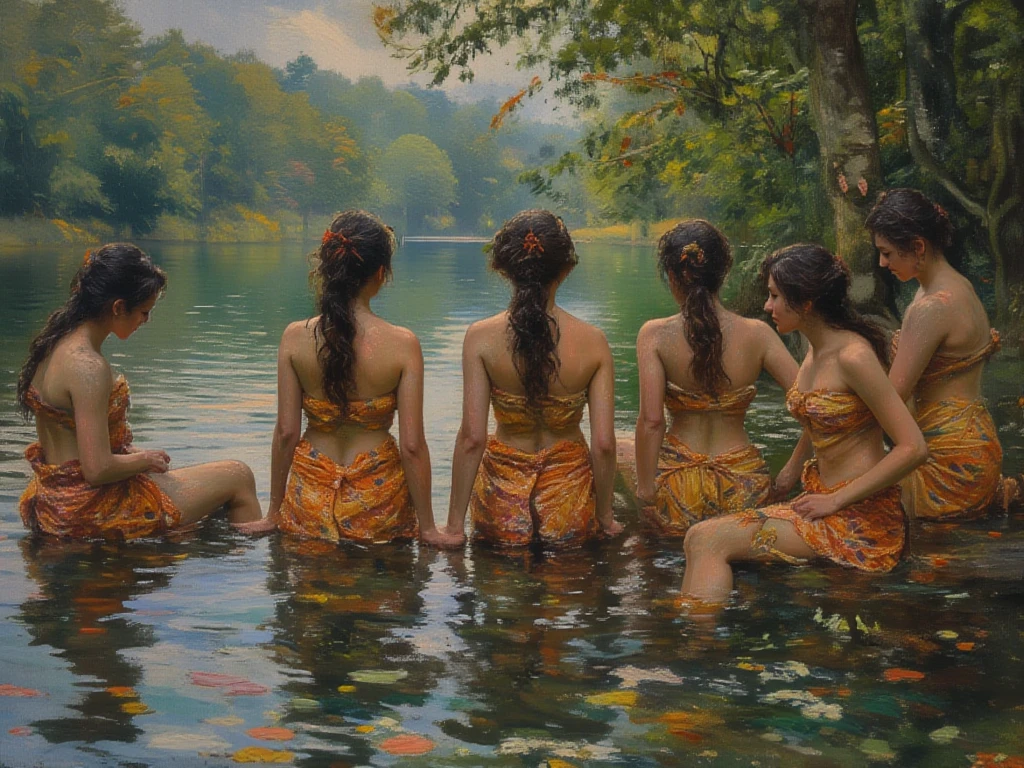 an oil painting on canvas, serene atmosphere, telling an ancient Javanese myth, 7 voluptuous fairies bathing in a lake, their shawls are placed on the edge of the lake,