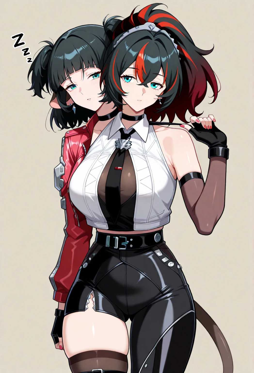 Young Girl, black and red short hair, High Ponytail, Gray eyes, Smile, open belly, black trousers, Red jacket, tie, a belt, fetters, The tattoo, iron gloves, face tattoos, masutepiece, hiquality, 4K, hard disk, good detail