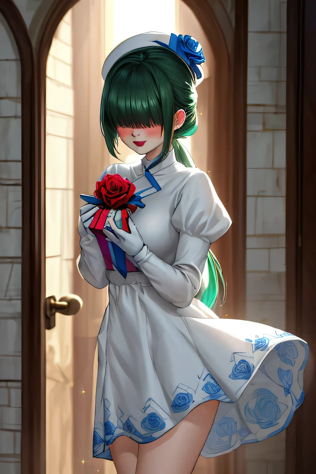 1 sexy anime manga girl, buxom, large breasts, long green hair with bangs covering her eyes, twin ponytails, anatomically_correct_fingers, she is wearing a (((white dress with blue rose pattern on it1.3))), blue gloves, white stockings, tiny rainbow top hat, face blush, makeup, red lips, ((giving a gift wrapped present)), best quality, very detailed, dynamic posing, sparkle, god rays, shining light, Pixar, walking through door, her hair is colored green, fantasy epic game style