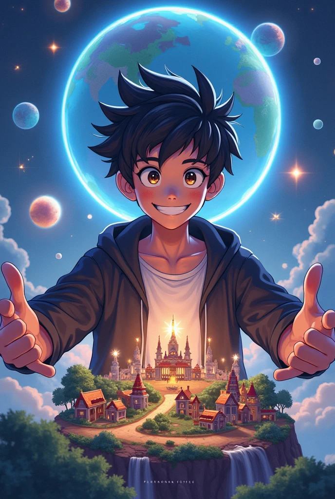 An anime-style young man with spiky black hair, wearing a black hoodie and white t-shirt, smiling confidently with arms stretched forward, as if shaping or controlling a small fantasy village on a glowing, miniature Earth-like planet. The background features a futuristic sci-fi world with glowing cityscapes, rings of light, planets, and stars in space. Bright, colorful, high-detail digital art with a vibrant, hopeful atmosphere. Text at the bottom reads '