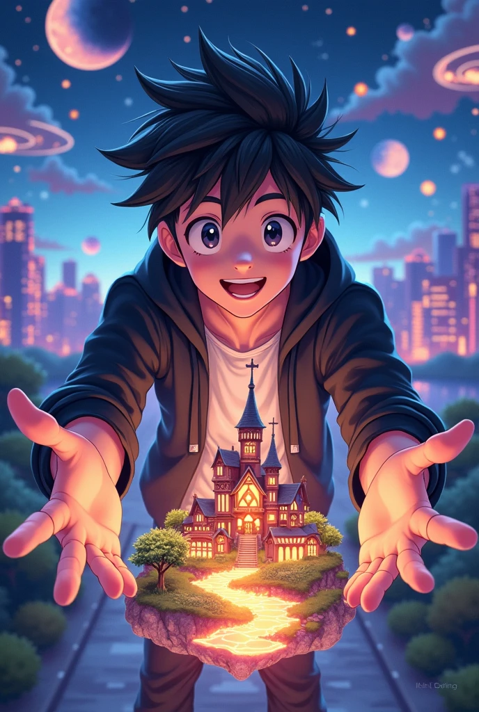 An anime-style young man with spiky black hair, wearing a black hoodie and white t-shirt, smiling confidently with arms stretched forward, as if shaping or controlling a small fantasy village on a glowing, miniature Earth-like planet. The background features a futuristic sci-fi world with glowing cityscapes, rings of light, planets, and stars in space. Bright, colorful, high-detail digital art with a vibrant, hopeful atmosphere. Text at the bottom reads '
