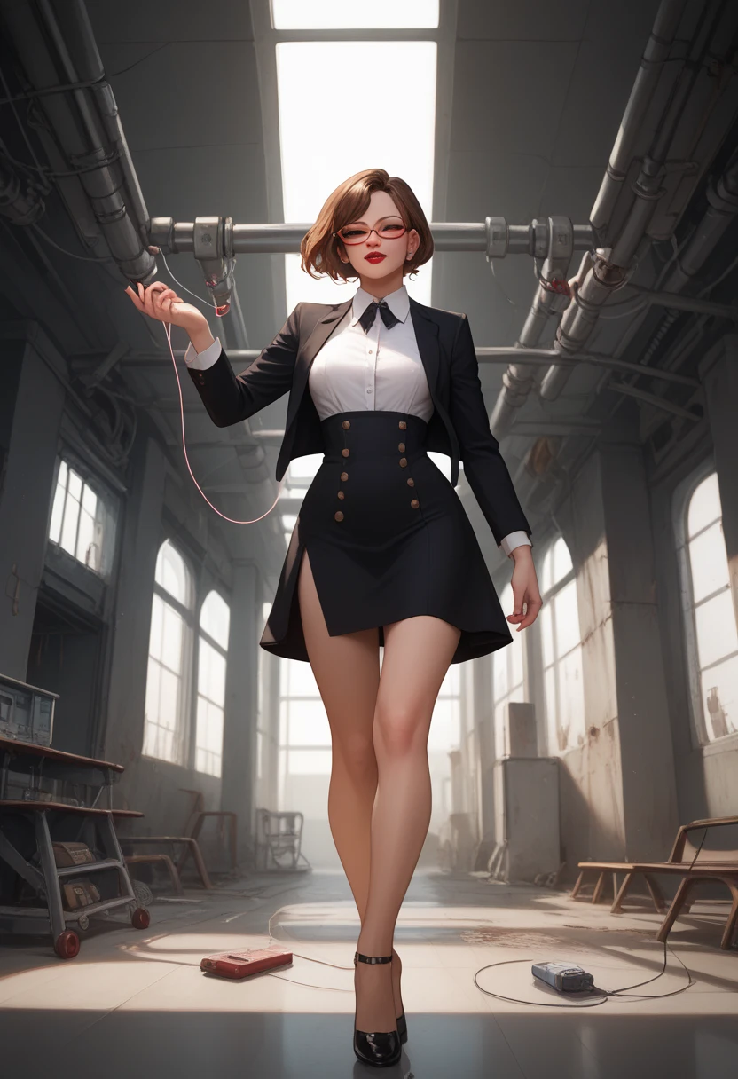 mulher sexy, Cabelo Bob, brown hair, red glasses, eyes closed,  black eyes, red lipstick background, small breasted, curva, white dress shirt, saia preta, black dress jacket ,  black dress shoes,  walking in an abandoned laboratory, electrocuted from behind , boca aberta 