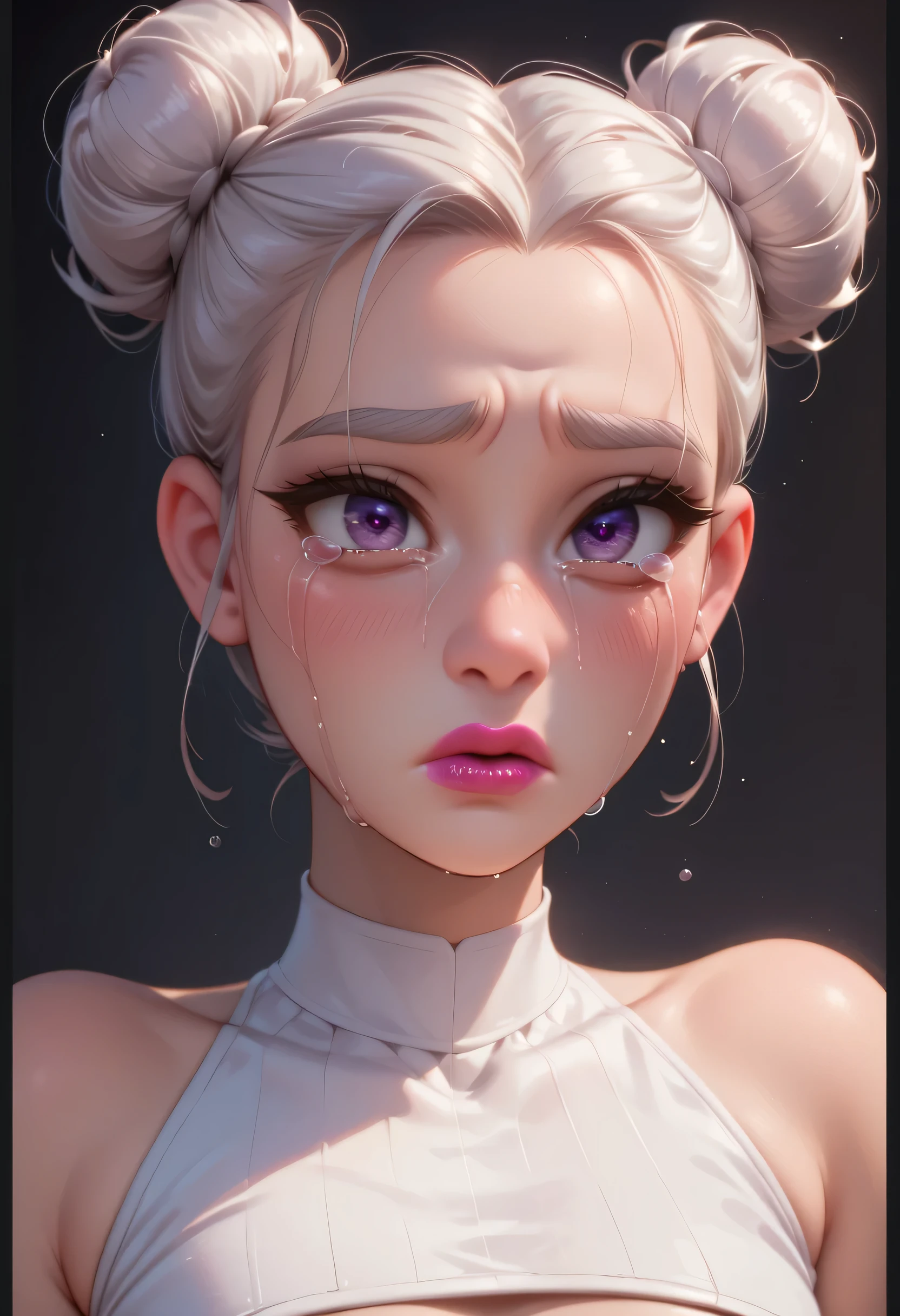 (1girl), (perfect face), ((white bun knot top hair)), (forehead), ((white natural eyebrows)), (((purple eyes, crying eyes))), (((black eyeliners))), (pink blush), ((nose, thick lipstick)), (beautiful girl), (crop top), ((sad face))