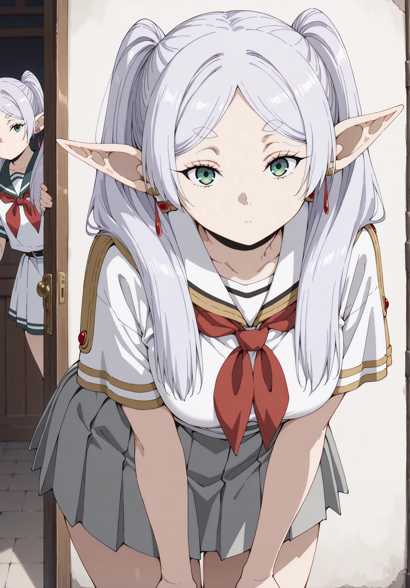 score_9, score_8_up, score_7_up, source_anime, 4K,perfect fingers,(perfect hands, perfect anatomy),prefect lighting, very aesthetic, intricate details,highly detailed background, masterpiece, high quality, best quality,
((1 female, Frieren, 21 years old)), (pointy ears, elf,), ((long hair, twintails)), ((Gray Hair with twintails, )), thin eyes open, green eyes, cute, female, woman, feminine, large breasts, mature female,
wearing ((grey skirt, neckerchief, pleated skirt, red neckerchief, school uniform, serafuku, shirt, short sleeves, skirt, white shirt, uranohoshi school uniform, )),,
looking at viewer, standing, ((leaning forward:1.2)),