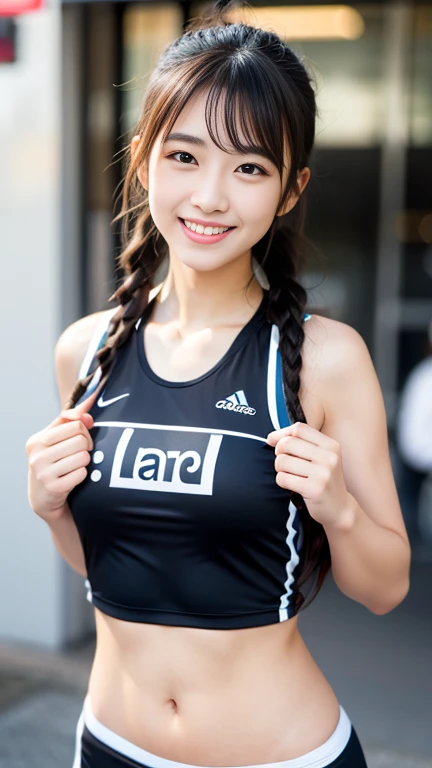 Cartoon character of a young woman running, dressed in a red sleeveless top and dark shorts, with a cheerful expression."