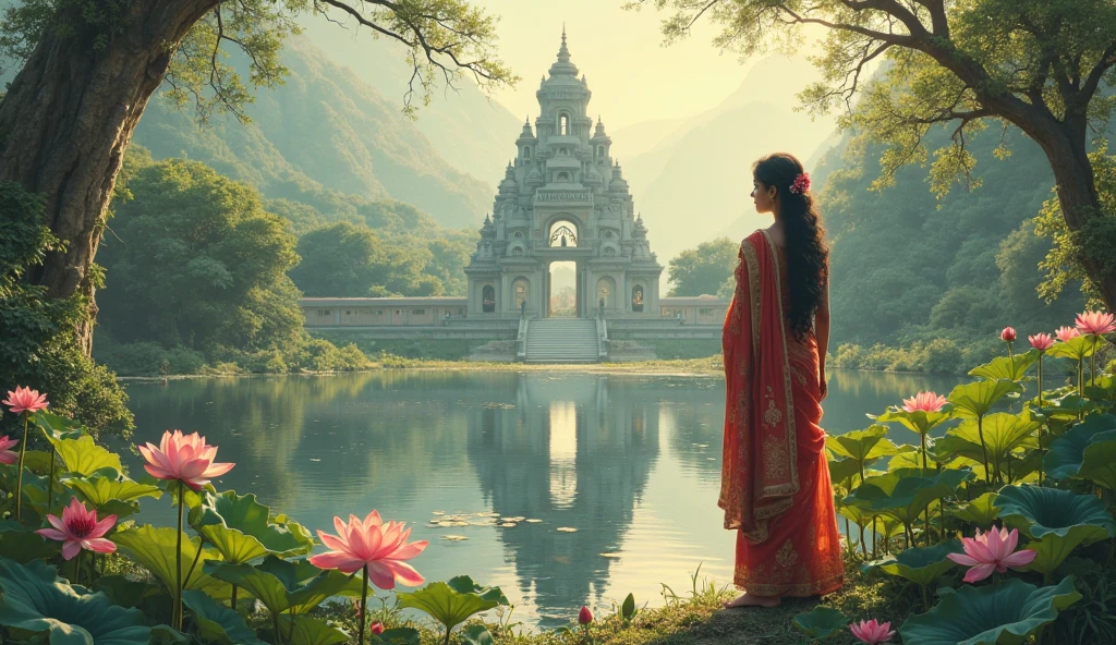 Indian woman。Lotus flowers blooming in the pond、 temple  ,  rich nature

