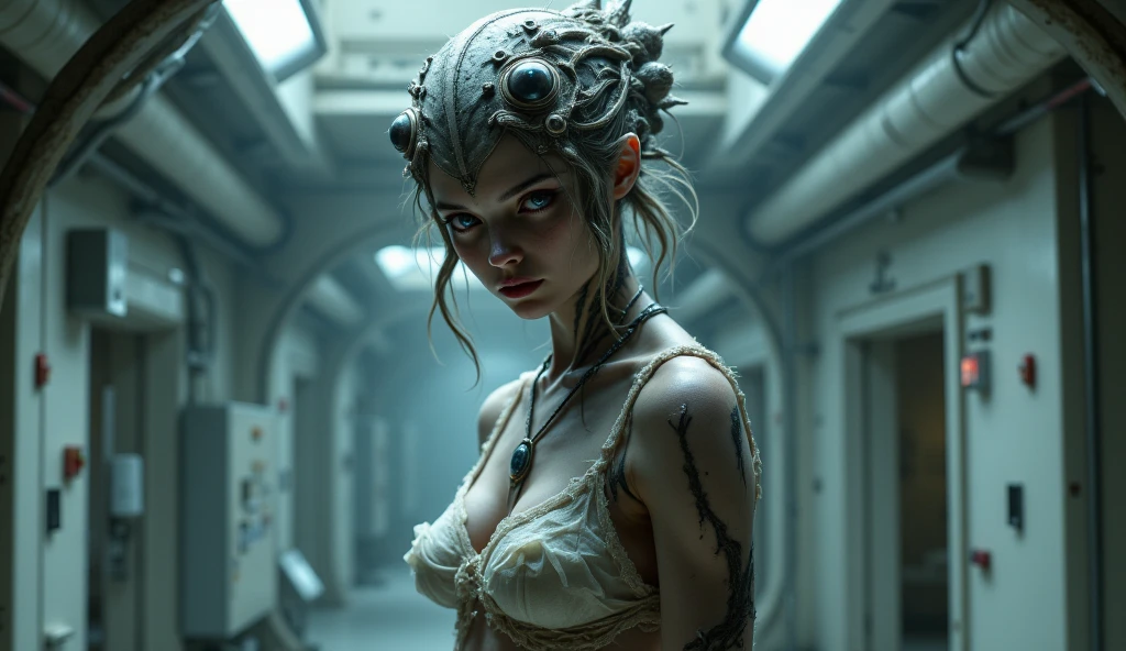 insolent puny Deep copper, Silent Hill,littl girl,semi adult girl,,germany space port,A charming and fascinating glows from the inside with other worldly forms that blend the best aspects of the monster human form and the innocent charm of a precocious , once pretty,old medieval transparent lingerie, (best quality: 1.4), (masterpiece: 1.2), detailed, complex,classic medieval wear, high resolution, iridescent colors, texture, complex, gorgeous, highly detailed, (Professional photography, extremely detailed corroed ,Tim Burton, Dale Chihuly, Bruce Zheng, extremely detailed, high detailed eyes,16k resolution,RAW,retina, Nikon Z9,Nicola Samori, Sergey Zabelin,Aerith Gainsborough,foggy fairy's village, horror movie, cinematic look, creepy aesthetic, ultra detailed, photorealistic, masterpiece, translucent to pale transparent skin , featuring like organic textures, scaly epidermis, uncanny compound eyes , dewy skin glistening with moisture, bulky forms looming in a sterile laboratory setting, silky-smooth eyes glaring with an unsettling gaze,fracture of the Earth silo