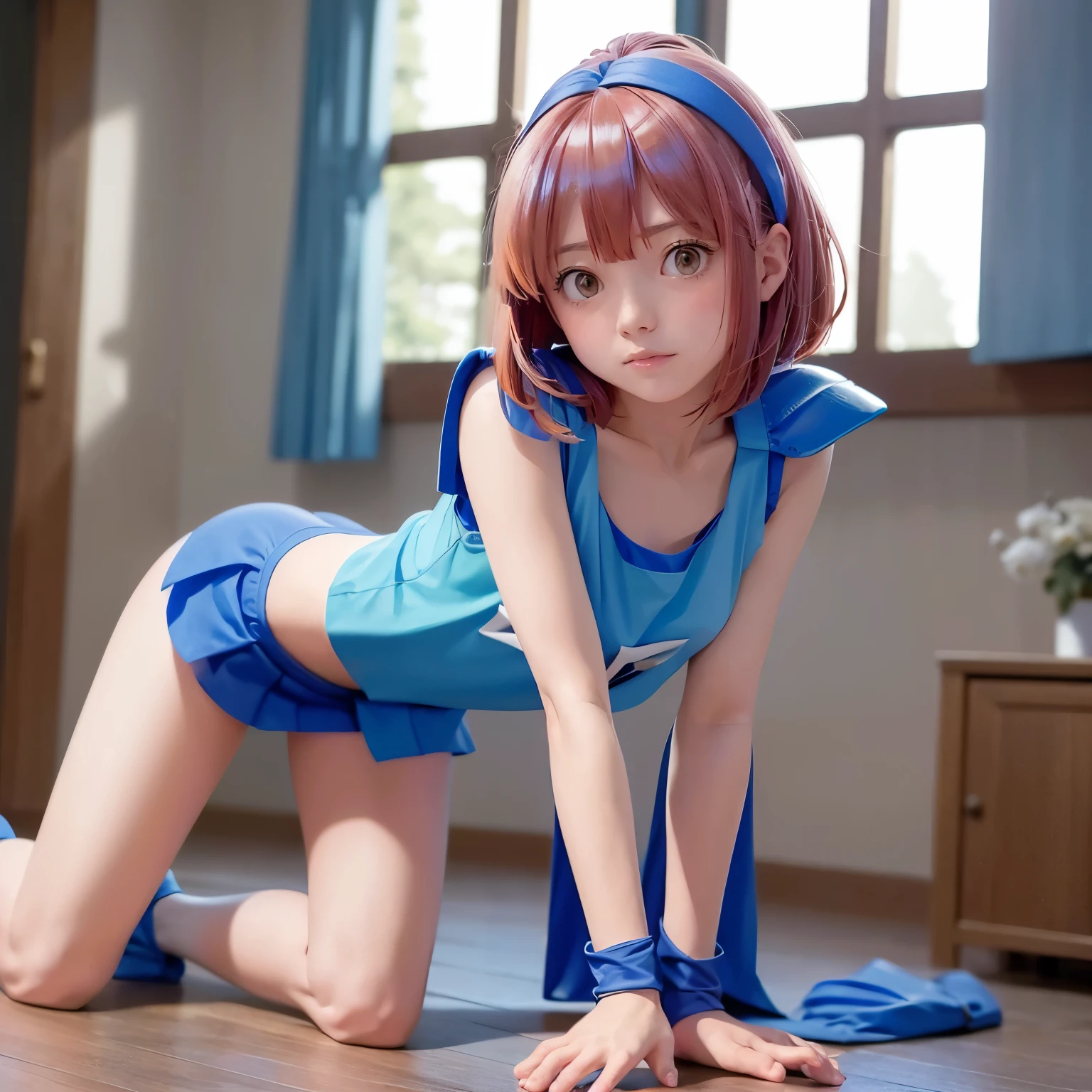 Satsuki Momoi cosplay from "Kuroko no basket", sexy pose, spread legs, bedroom
