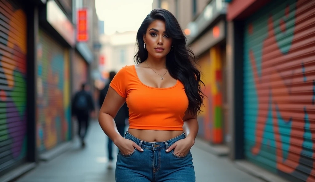 Create an ultra-realistic image of a modern, attractive female influencer of Indian descent, aged between 27 to 30. She should have a warm and inviting smile, expressive almond-shaped eyes with a slight shimmer, and clear, glowing skin with a medium brown complexion. Her features should be well-defined, with high cheekbones and a sharp jawline. Her hair should be long, thick, and wavy, styled in a deep, reddish-purple hue that’s bold yet sophisticated.

She should have a slender yet athletic build, reflecting a healthy and active lifestyle. She is wearing a denim mini skirt and an open blue button-up shirt that reveals her , with gigantic breasts (plump: 1.2) and an increased bust size. Her butt should also be noticeably larger. The outfit is completed with stylish accessories such as small hoop earrings and a few thin bangles.

The background features a trendy street with colorful murals and fashionable boutiques, enhancing the cosmopolitan vibe. Her overall appearance should exude confidence, approachability, and sophistication, capturing the essence of a contemporary Indian fashion influencer.