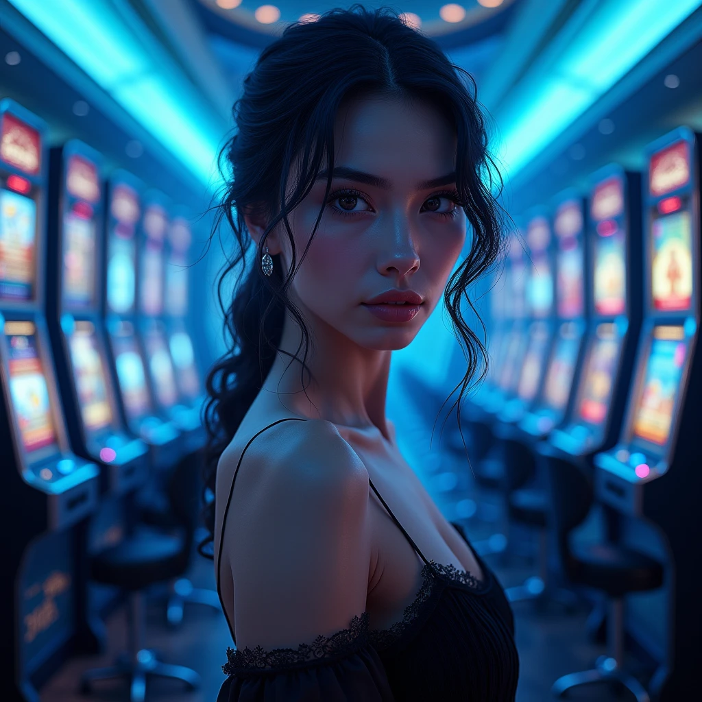 create a picture of a beautiful woman against a casino background, slot blue color