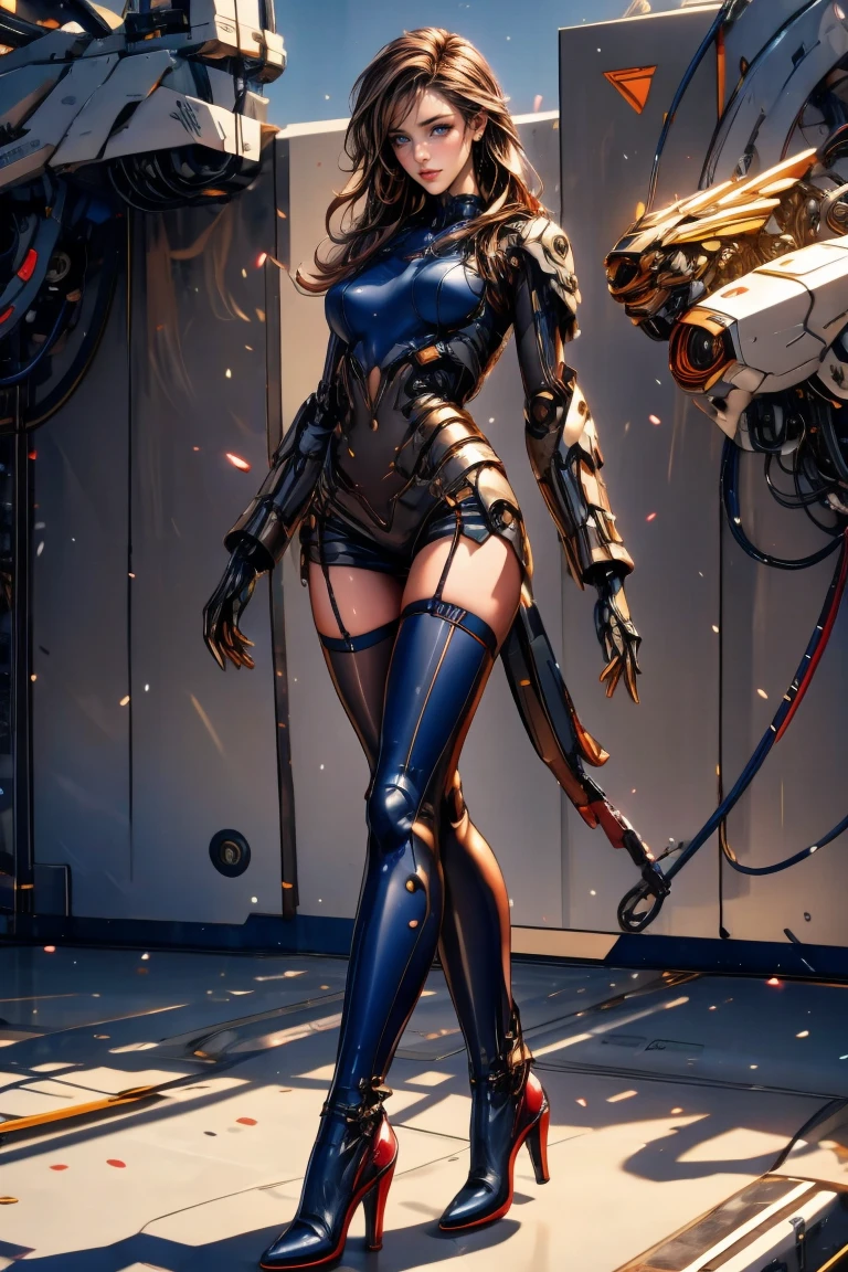 ((view from bottom):1.2) explosions in the background, night sky, (Sitting with one leg bent and foot resting on opposite knee:1.2) (Realisitc:1.5) woman terminator, gigantic breasts, big ass, <lora:EdobTerminatorHybridFemale_v1.0:0.8>