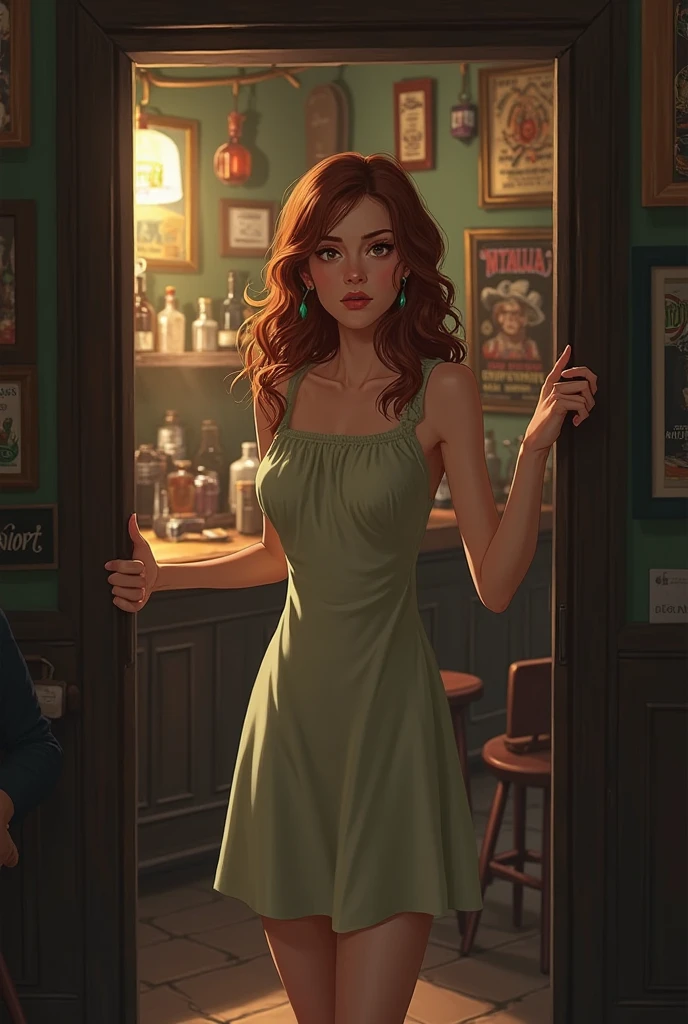 Create an image of The girl with the green ribbon in her hair, she’s going in to the bar ”

