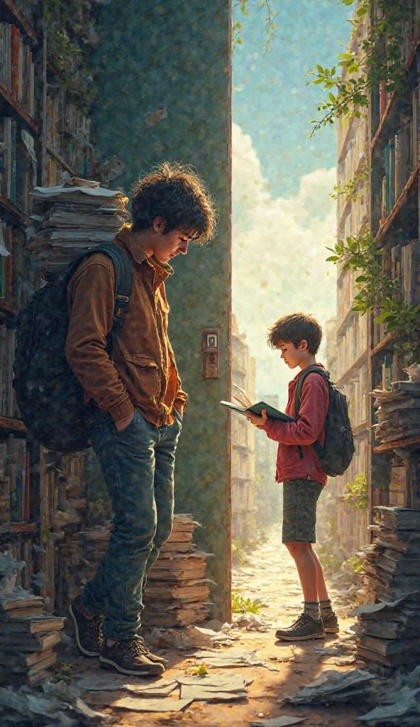 Burden of Studies vs. Opportunity – A  sitting tired with a heavy load of books, while on the other side, the same  is reading books and moving towards success.
