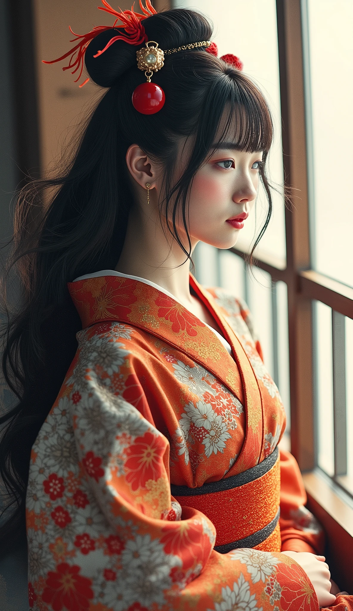 highdefinition images、Katsushika Hokusai manga(pretty eyes、Look at every detail、multi colored hair)、 kimono that looks like a yukata 、Woman looking out of a window、葛飾北斎スタイルで火のように見える highdefinition images、Kimono beauty、顔のdetails、highest quality ukiyo-e、details、high resolution image beauty。